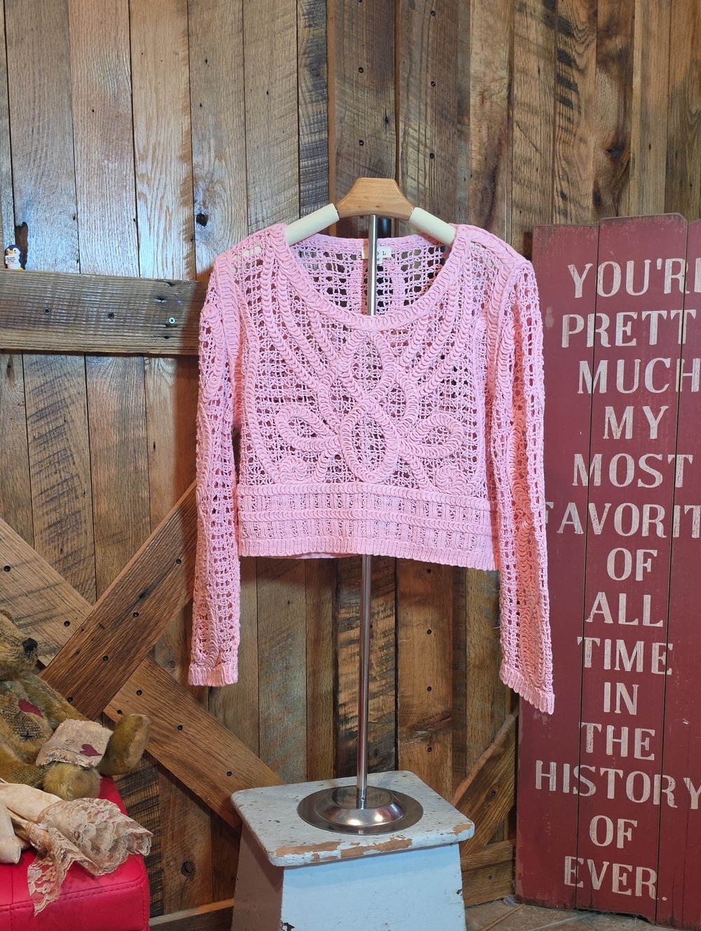 182p POL Pink Crochet Long-Sleeve Crop Sweater